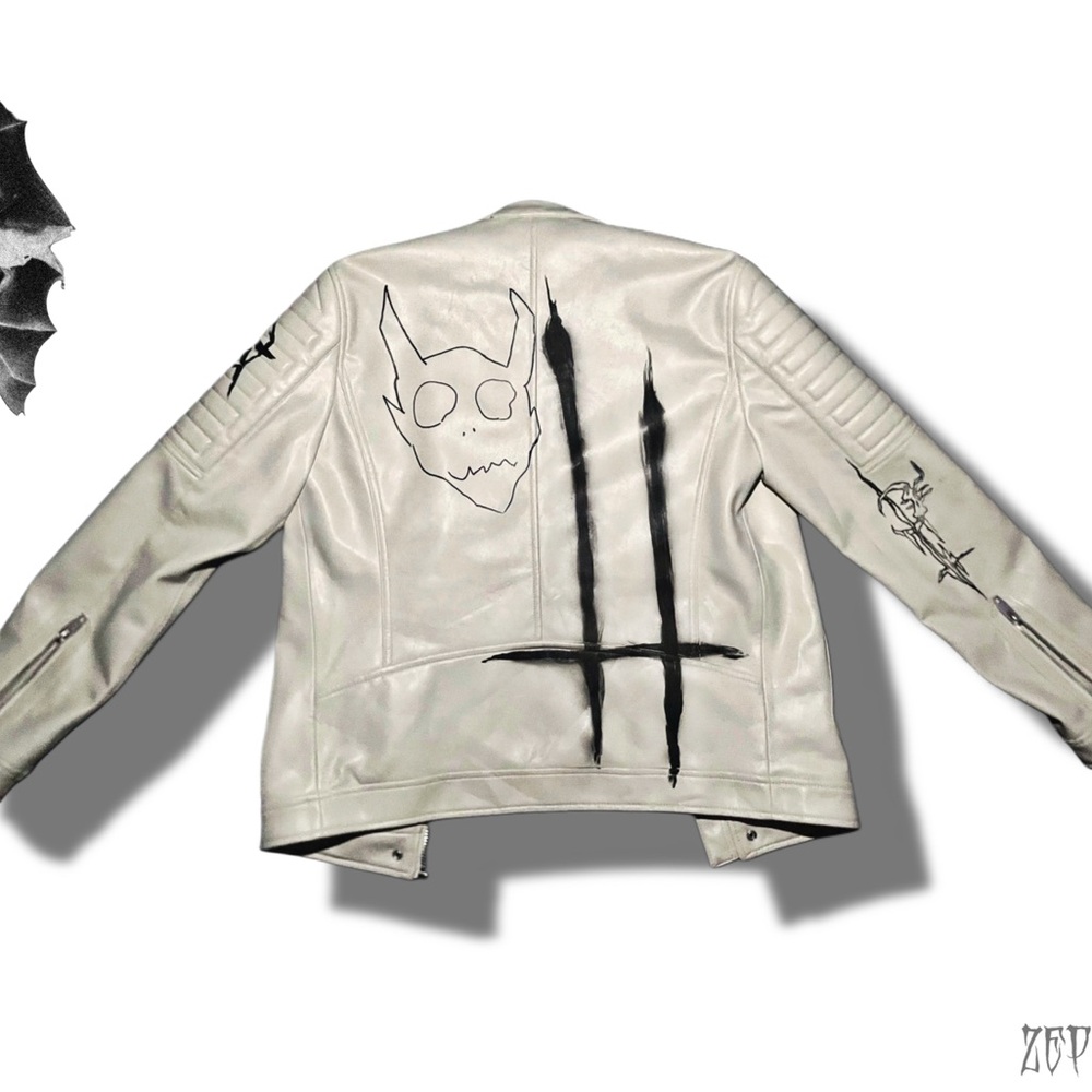White Leather Jacket with Black Graphic Design